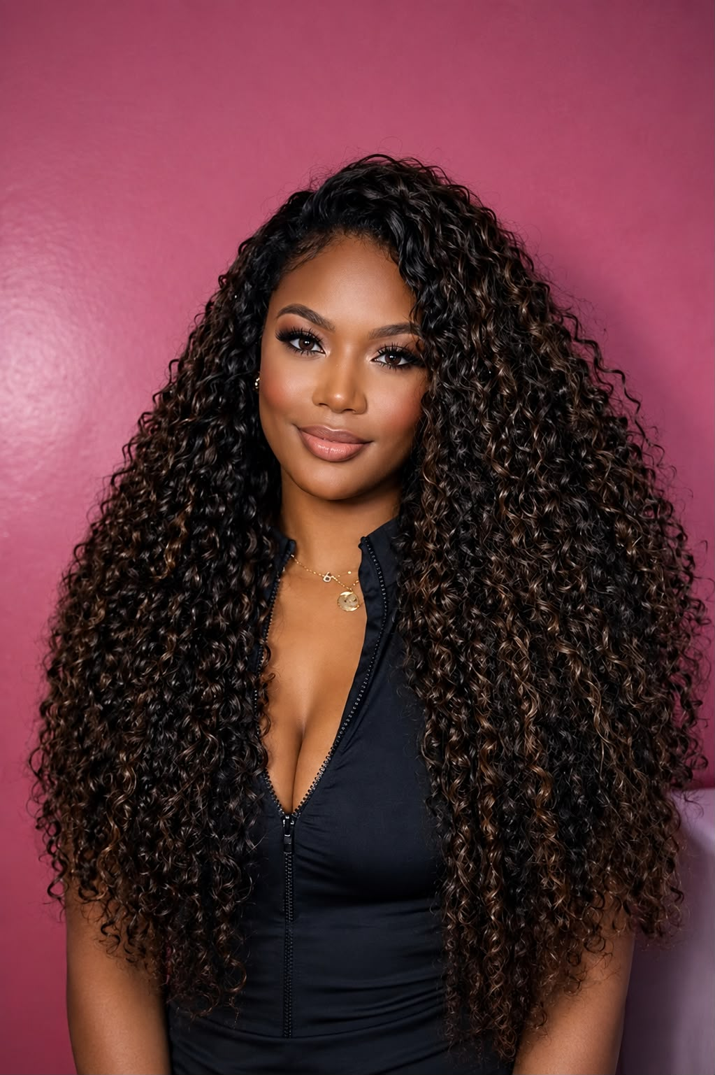 Cabelo cacheado volumoso com mechas caramelo